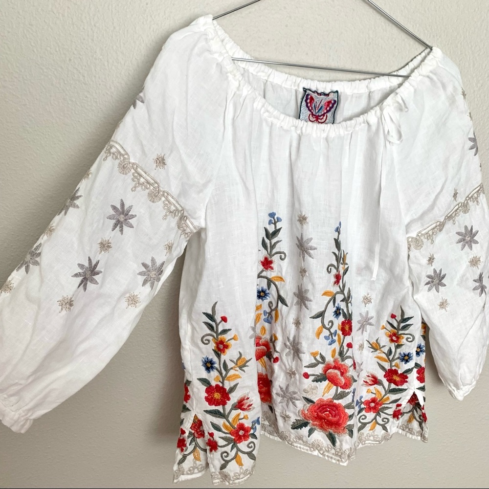 Johnny Was White Linen Hazelton Peasant Tie Blouse - Picture 5 of 9